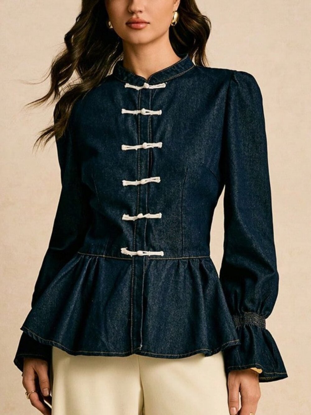 Dark Wash Elegant Women's Darin Collar Pleated Western Blouses Denim Tops - Picture 2 of 6